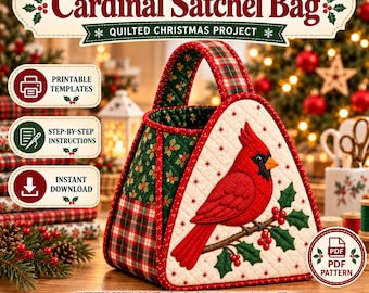 Patrón de costura en PDF para bolso bandolera Cardinal, aplique navideño acolchado, plantillas en formato A4 y Carta estadounidense.
