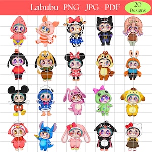 May include: A selection of 20 character designs, each depicting a stylized figure in a costume. The image includes text that reads "Labubu PNG - JPG - PDF" and "20 Designs". The characters are in various colours and outfits.