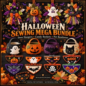 Puede incluir: Un paquete de patrones de costura digitales titulado Halloween Sewing Mega Bundle que incluye colgadores de puerta, cestas de dulces y bandanas para mascotas. Diseños acolchados de fantasmas, calabazas, gatos y calaveras en tonos naranja y negro.