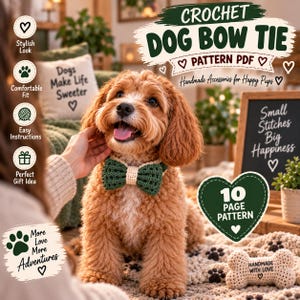 May include: A crochet dog bow tie pattern PDF featuring a dark green bow with a cream center. The image includes text: CROCHET DOG BOW TIE PATTERN PDF, Handmade Accessories for Happy Pups, Small Stitches Big Happiness, 10 PAGE PATTERN, and More Love More Adventures.
