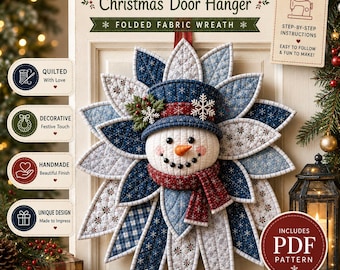 Patrón de costura en PDF para colgador de puerta acolchado con forma de muñeco de nieve - Tutorial para corona navideña de patchwork