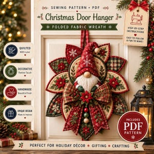 Patrón de costura para colgador de puerta con forma de gnomo navideño – PDF digital con plantillas en tamaño A4 y Carta estadounidense.
