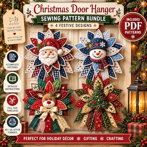 May include: A Christmas door hanger sewing pattern bundle featuring four festive designs: a Santa Claus, a snowman, a reindeer, and a Christmas tree. The set includes PDF patterns, step-by-step instructions, and full-size templates.