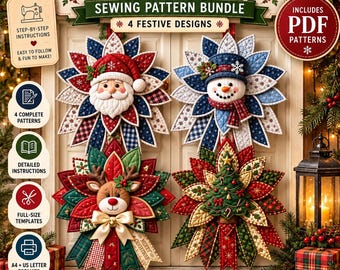 Paquete de patrones de costura para colgadores de puerta navideños, 4 diseños de coronas acolchadas, PDF de Papá Noel, muñeco de nieve, reno y árbol