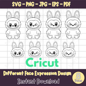 Può includere: Design digitale in bianco e nero con otto personaggi di coniglietti dei cartoni animati con diverse espressioni facciali. L'immagine include il testo "SVG - PNG - JPG - EPS - PDF", "Cricut", "Different Face Expression Design", "Instant Download" e "8 Faces".