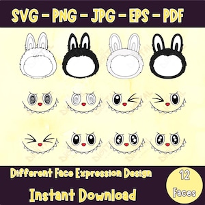Labubu Monster Faces SVG Clipart Bundle, Kawaii Cartoon (Digital Download)