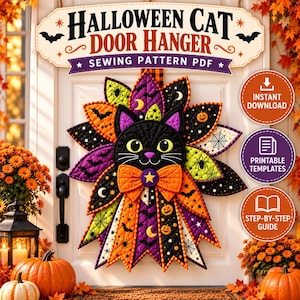 May include: A quilted Halloween cat door hanger sewing pattern PDF featuring a central black cat face with yellow eyes and a bow tie, surrounded by layered fabric petals in orange, purple, and lime green with bat, spider, and pumpkin prints.