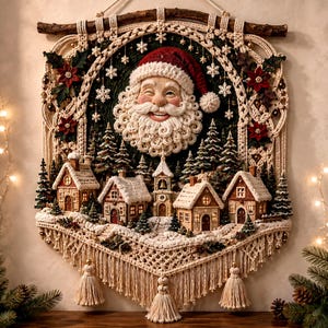 Può includere: Un arazzo in macramè con il volto di Babbo Natale con cappello rosso e barba bianca, circondato da una scena di villaggio invernale con case innevate, alberi di pino e stelle di Natale, sospeso a un ramo di legno con nappe decorative.