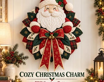 Patrón de costura en PDF para colgador de puerta acolchado de Papá Noel, tutorial para corona navideña de tela, decoración navideña para puertas