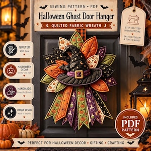 Può includere: Una ghirlanda per porta in tessuto trapuntato per Halloween con un cappello da strega nero centrale dotato di fibbia e pipistrello, circondato da foglie in tessuto stratificate nei colori arancione, verde, viola e nero con stampe di zucche.