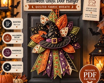 Patrón de costura para colgar en la puerta con forma de sombrero de bruja de Halloween / Corona de tela acolchada (PDF)