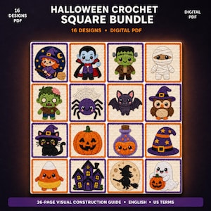 Pode incluir: Um pacote PDF digital com 16 designs de quadrados de crochê para o Halloween. A grade exibe ícones incluindo uma bruxa, vampiro, Frankenstein, múmia, zumbi, aranha, morcego, coruja, gato preto, abóbora, poção, chapéu, milho doce e fantasma.