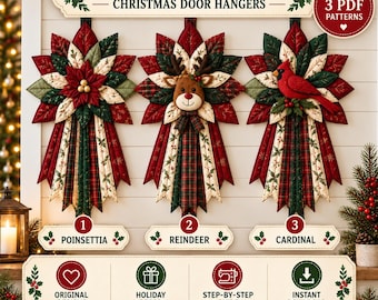 Paquete de patrones de costura para colgadores de puerta navideños, 3 diseños acolchados en PDF: flor de Pascua, reno y cardenal.