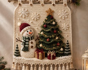 Patrón PDF para tapiz navideño de ganchillo, decoración de invierno para tapiz con forma de árbol y muñeco de nieve.