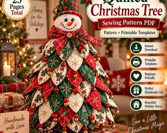Patrón de costura PDF para árbol de Navidad acolchado, adorno de muñeco de nieve para la parte superior, decoración navideña de patchwork (descarga digital)