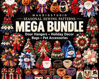 Paquete de patrones de costura en PDF para Navidad y Halloween: colgadores de puerta acolchados, decoración navideña y bolsos.