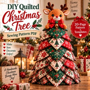 May include: A quilted Christmas tree sewing pattern PDF featuring a plush reindeer topper with a red bow and gold bell. The tree is constructed from layered fabric triangles in red, green, and white with holiday prints of snowflakes, trees, and poinsettias.