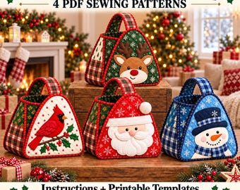 Paquete de patrones de costura para bolsos navideños: 4 diseños en PDF: Papá Noel, muñeco de nieve, reno y cardenal.