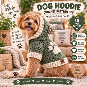 May include: A crochet dog hoodie pattern PDF featuring a dark green sweater with cream trim and a paw print applique. The image includes text such as DOG HOODIE, CROCHET PATTERN PDF, 10 PAGE PATTERN, and various phrases like Cozy Style for Happy Pups and Handmade With Love.