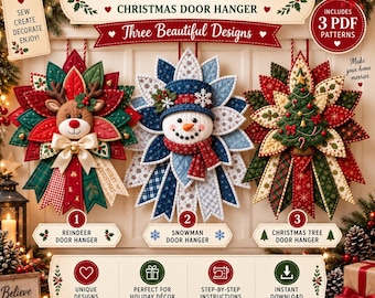 Paquete de patrones de costura para colgar en la puerta con motivos navideños: reno acolchado, muñeco de nieve y árbol (PDF).