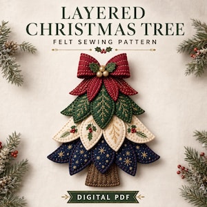 May include: A layered Christmas tree felt sewing pattern digital PDF. The tree features a red bow topper, layers of green, cream, and navy blue felt leaves with gold embroidery, red berry accents, and a brown textured trunk on a light background.