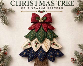 Patrón de costura en PDF para colgador de puerta con forma de árbol de Navidad de fieltro, decoración rústica en capas.