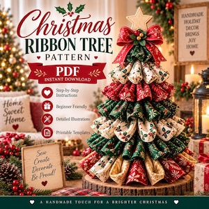 Puede incluir: Un patrón PDF de árbol de Navidad hecho con cintas que incluye el texto Christmas Ribbon Tree Pattern PDF Instant Download, Step-by-Step Instructions, Beginner Friendly, Detailed Illustrations, Printable Templates y Sew Create Decorate Be Proud.