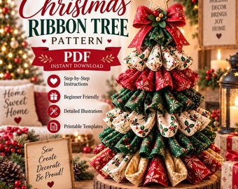 Patrón de costura para árbol de Navidad con cintas, decoración navideña de tela en capas (PDF)