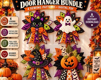 Paquete de patrones de costura para colgar en la puerta con motivos de Halloween, 4 diseños de coronas acolchadas, fantasma, gato, sombrero de bruja y calabaza (PDF).