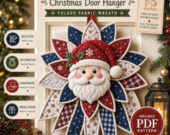 Patrón de costura en PDF para colgador de puerta de Papá Noel, plantillas imprimibles para corona navideña acolchada