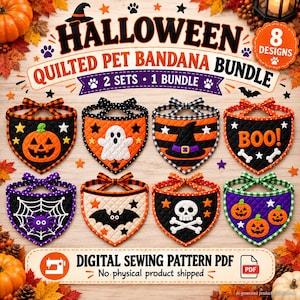 Mönsterpaket med Halloween-quiltad bandana för husdjur: 8 designer, digital PDF