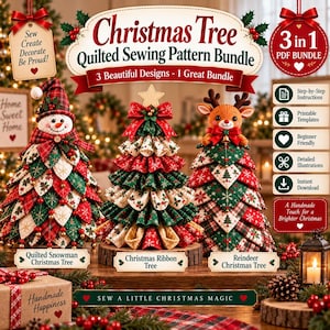 May include: A 3-in-1 Christmas tree quilted sewing pattern PDF bundle featuring three distinct designs: a snowman tree, a ribbon tree, and a reindeer tree. The image displays the finished fabric trees with red, green, and white holiday patterns.