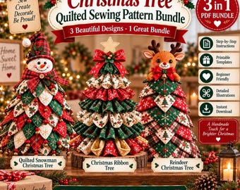 Paquete de patrones de costura para árbol de Navidad acolchado, muñeco de nieve, reno y cinta (PDF)