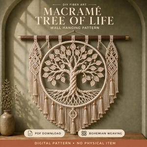 Patrón de macramé Árbol de la Vida (descarga en PDF), tutorial para tapiz de pared estilo boho.