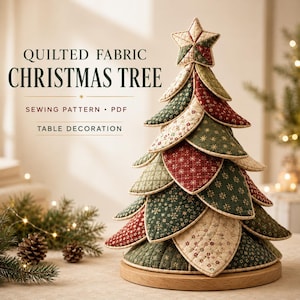 May include: A quilted fabric Christmas tree table decoration with layered, petal-shaped fabric pieces in red, green, and cream patterns, topped with a star. Text reads: QUILTED FABRIC CHRISTMAS TREE, SEWING PATTERN PDF, TABLE DECORATION.