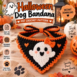 May include: A black crochet dog bandana featuring a white ghost with a small orange bow, orange heart accents, and an orange scalloped border. The bandana has an orange and black tie closure. Text on the image includes Halloween Dog Bandana.
