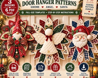 Paquete de 3 patrones de costura para colgar en la puerta de Navidad, patrones de coronas de gnomos, Papá Noel y ángeles, decoración navideña de tela acolchada, descarga digital en PDF.