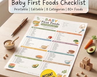 Baby First Foods Checklist Printable, Baby Food Tracker, Starting Solids Guide, BLW First Foods, Baby Weaning Checklist, 6-12 Month Feeding