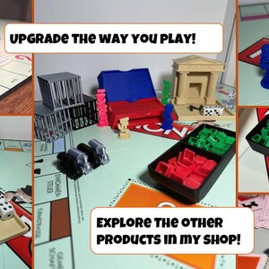 May include: A collection of Monopoly game accessories, including jail cells, houses, hotels, and tokens. The image also shows dice, a bank building, and a box of houses and hotels. The text "UPGRADE THE WAY YOU PLAY!" is visible.