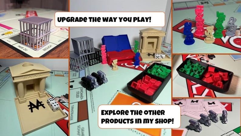 May include: A collection of Monopoly game accessories, including jail cells, houses, hotels, and tokens. The image also shows dice, a bank building, and a box of houses and hotels. The text "UPGRADE THE WAY YOU PLAY!" is visible.