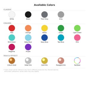 May include: A color chart displaying a variety of colors, including classic shades like white and black, and vibrant hues such as red, orange, and green. The chart also features silk and effect colors like gold and rainbow.