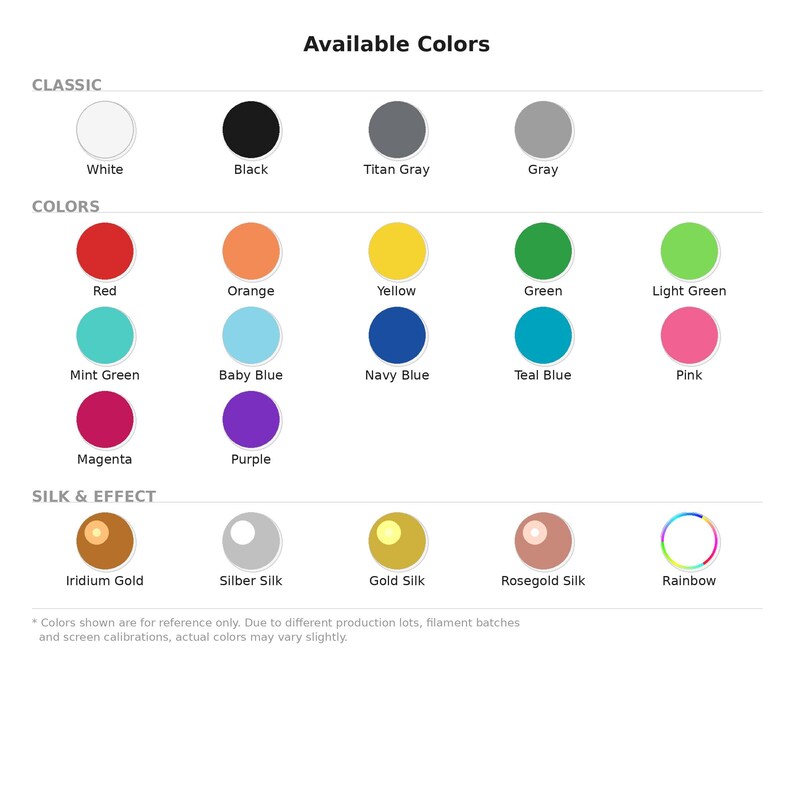 May include: A color chart displaying a variety of colors, including classic shades like white and black, and vibrant hues such as red, orange, and green. The chart also features silk and effect colors like gold and rainbow.