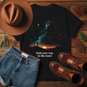 Chemise de randonnée nuit étoilée, t-shirt Trouvez votre chemin, t-shirt de randonneur cosmique, vêtements de randonnée carte des étoiles, chemise d'aventure céleste, t-shirt de randonnée nocturne,