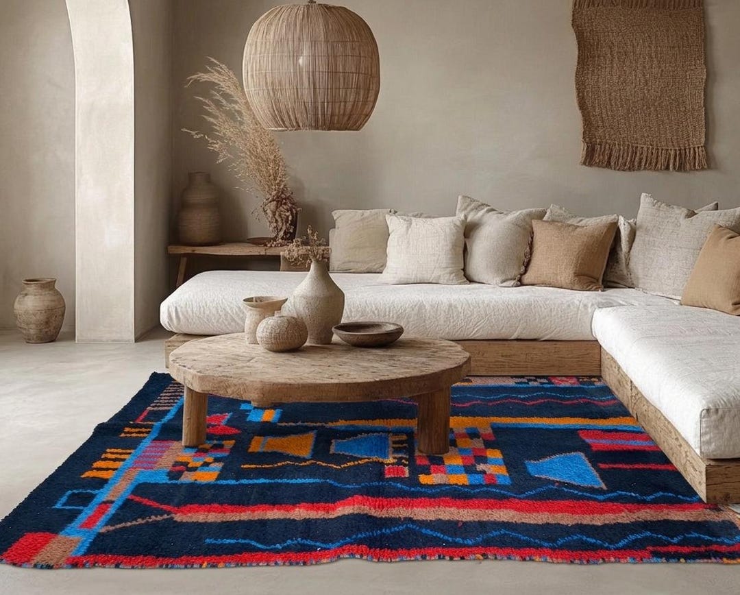 Handmade Moroccan Abstract Rug | Black Multicolor Wool Berber Carpet ...
