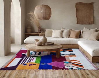 Colorful Moroccan Boho Rug – Abstract Patchwork Berber Handmade Area Rug – Living Room Decor