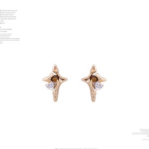 Puede incluir: Un par de pendientes de oro con un diseño en forma de estrella. Cada pendiente presenta una pequeña piedra preciosa redonda marrón y una piedra preciosa transparente en forma de diamante.