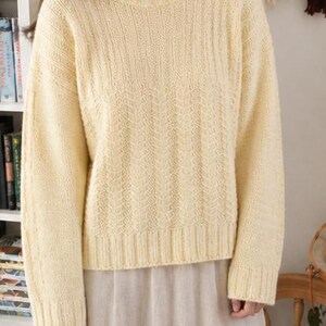 May include: A pale yellow knit sweater with a textured pattern. The sweater has a crew neck and long sleeves. The knitwear is a soft, light color, and the design is visible across the front and sleeves. The sweater is a comfortable, everyday garment.