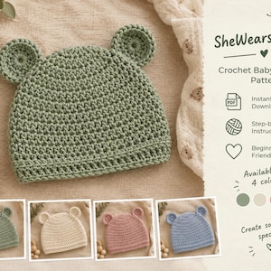 Puede incluir: Un gorro de bebé de ganchillo color verde salvia con orejas redondas. La imagen incluye el texto: SheWearsItGifts, Crochet Baby Bear Hat Pattern, Instant Download, Step-by-Step Instructions, Beginner Friendly, Available in 4 colors, Create something special.
