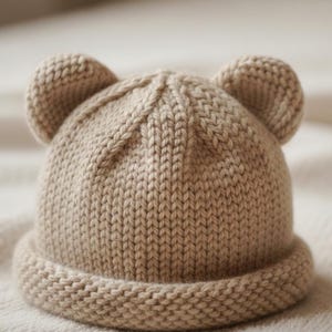 May include: A tan-colored knitted hat with two small, rounded ears on top. The hat has a folded brim and a textured knit pattern. This cozy hat is likely for a baby or toddler.
