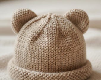 Patrón de tejido para gorro de oso de bebé, gorro con orejas de animal para recién nacido, descarga en PDF